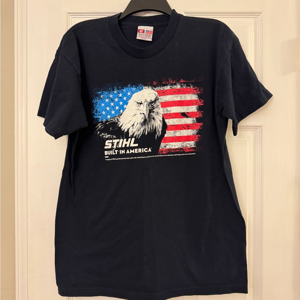 Bayside Heavyweight T Shirt-STIHL-Built In America-Mens Large -Black Eagle Flag